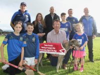 Launching the Tralee Parnells Buster fundraiser were, front from left; Sophie Brick, Ronan Brick, Declan Dowling of Kingdom Greyhound Stadium and Chloe Silles with 'Shauna'. Back from left; Dermot Reen, Sinead McCarthy, Michael McCarhy, Jack Lynch, David Brick and Kevin Silles. Photo by Dermot Crean