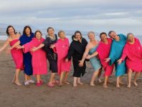 Theresa Kissane, left, Ann Robinson, Eileen Lucey, Grainne Gallon, Anne O'Shea, Noreen O'Meara, Kay Mahony, Trish O'Neill, Mags Gallagher and Margaret Foley,  were among 200 amazing women who courageously bared all,  in Kerry's 2nd  Women's-only charity 'DIp in the Nip' in aid of  Recovery Haven Kerry - Cancer Support Charity, in Derrymore Beach, Camp, Tralee, Co Kerry. Women of all ages took to the water - with the assistance of an all female support crew,  An Garda Síochána,  Fenit-based Wild Water Adventures, Tralee Bag Pipers and lifeguards. Photo: Valerie O'Sullivan/ FREE PIC***