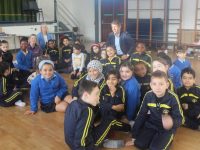 Deirdre Kearin of NEWKD with Principal of Presentation Primary John Hickey and pupils taking part in the 'Relax Kids' initiative. Photo by Dermot Crean