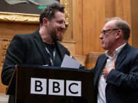 Playwright Neil Flynn with Nigel Hastings from the BBC judging panel pictured at the international radio playwriting awards last Thursday at 
Broadcasting House, London. Image: BBC/Tricia Yourkevich