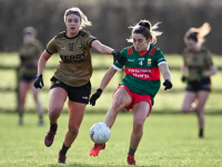 Danielle Caldwell of Mayo in action against Niamh Ní Chonchuir of Kerry during the 2023 Lidl Ladies National Football League Division 1 Round 2 match between Mayo and Kerry at the NUI Galway Connacht GAA Centre of Excellence in Bekan, Mayo. Photo by Piaras Ó Mídheach/Sportsfile