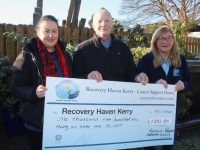 Reggie Rogers presents a cheque for €1,236 to Jacinta Bradley and Kathleen Collins of Recovery Haven. Photo by Dermot Crean