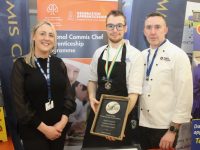 Commis Chef Apprentice Adam Nagy (centre) with Kerry ETB National Apprenticeship Co-ordinator Mallory Higgins and Commis Chef Course Instructor Simon Regan at the Apprenticeship Open Evening at Kerry College on Thursday. Photo by Dermot Crean