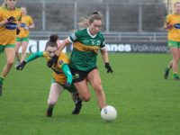 Kerry's Ciara McCarthy and Donegal's Róisín Rodgers contest a ball. Photo by Dermot Crean