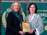 Fiona Ross, Chair, CIE Tours pictured with Marie Galvin, Ballygarry Estate Hotel and Spa, winner of the Best Hotel Dinner Award at the CIE Tours Awards of Excellence.