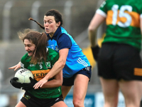 Mary O'Connell of Kerry is tackled by Leah Caffrey of Dublin during the 2023 Lidl Ladies National Football League Division 1 Round 4 match between Kerry and Dublin at Austin Stack Park in Tralee, Kerry. Photo by Eóin Noonan/Sportsfile