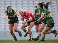 17 March 2023; Eimear Kiely of Cork in action against Kerry players, from left, Emma Costello, Cáit Lynch and Eilís Lynch of Kerry during the Lidl Ladies National Football League Division 1 match between Cork and Kerry at Páirc Uí Chaoimh in Cork. Photo by Piaras Ó Mídheach/Sportsfile *** NO REPRODUCTION FEE ***