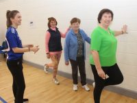 MTU Health and Leisure student Ivana with Joan Hussey, Kay Condon and Marian Nugent practising balance exercises  at the MTU Active Ageing day at the Kerry Sports Academy on Wednesday. Photo by Dermot Crean