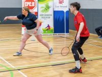 Rita McCarthy & Mickie B Flanagan Listowel in action as they won the Division 4  Kerry Mixed Doubles Badminton  title. Photo: Thomas Bradley