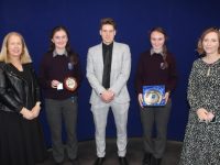 Sisters Aoife (Junior Sports and Attendance) and Aisling O'Connell (Senior Student of the Year) with teacher Myrna Egan, Principal Liam McGill and Home School Community Liaison Coordinator Maryanne Lowney at the Coláiste Gleann Lí Awards on Wednesday. Photo by Dermot Crean