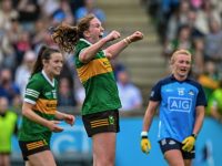 17 June 2023; Síofra O'Shea of Kerry and Carla Rowe of Dublin react at the full-time whistle in the TG4 All-Ireland Ladies Senior Football Championship Round 1 match between Dublin and Kerry at Parnell Park in Dublin. Photo by Harry Murphy/Sportsfile *** NO REPRODUCTION FEE ***