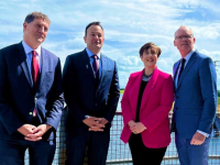 Minister Norma Foley with Minister Eamon Ryan, An Taoiseach Leo Varadkar and Minister Simon Coveney at Ardnacrusha.
