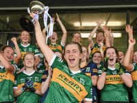 5 August 2023; Kerry captain Roisín Rahilly lifts the cup after her side's victory in the 2023 ZuCar All-Ireland U18 B Final between Kerry and Sligo at MacDonagh Park in Nenagh, Tipperary. Photo by Seb Daly/Sportsfile *** NO REPRODUCTION FEE ***