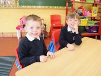 Happy junior infants beginning their schooldays at Caherleaheen NS this week. Photo by Dermot Crean