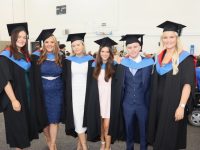 Early Childhood Care and Education graduates Eabha Coffey, Tralee, Leanne Daly, Killarney, Ria Dunne, Ballyheigue, Lisa Barrett, Causeway, Sam O'Connell, Charleville and Chloe Dillon, Tralee, at the MTU Kerry graduation ceremony at the Kerry Sports Academy on Friday. Photo by Dermot Crean