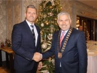 Outgoing President Nathan McDonnell congratulates new President Stephen Stack at the Tralee Chamber President's Annual Lunch in The Rose Hotel on Friday afternoon. Photo by Dermot Crean