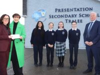 Minister Norma Foley with Prinicipal of Presentation Secondary School Tralee Mairead Finucane, Chairperson of the Board of Management Brendan Walsh and pupils Karen Moussa, Olivia Crean, Grace Bright and Rachel Stephenson at the announcement of funding at the school on Friday. Photo by Dermot Crean
