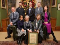 Margaret O’Donoghue of the landmark Gleneagle INEC Arena was inducted into the Order of Inisfallen by Cairde Chill Áirne at a reception in the historic Muckross House in Killarney National Park on Monday evening. Pictured her with her Children sitting from left Maurice Owen, Aine, Shellagh, Aoife, Back row, Eamonn, Patrick and John O'Donoghue. Presenting her with the honour wereCathaoirleach Killarney Muncipal District Cllr. Brendan Cronin, Joint President of Killarney Chamber of Tourism and Commerce, Padraig Treacy. The matriarch of an incredibly entrepreneurial family that has made an enormous contribution to business and community life in Killarney, Co Kerry over many years has been awarded the highest honour the town can bestow. Photo: Valerie O'Sullivan/FREE PIC/ISSUED 11/12/2023