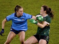 20 January 2024; Anna Galvin of Kerry in action against Emma Deeley of Dublin during the 2024 Lidl Ladies National Football League Division 1 Round 1 fixture between Dublin and Kerry at Parnell Park in Dublin. Photo by Stephen Marken/Sportsfile *** NO REPRODUCTION FEE ***
