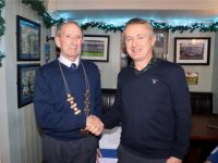 New President of Kerins O'Rahillys Richard Walsh is congratulated by Chairme of the club, Oliver Molloy at the clubhouse on Monday. Photo by Dermot Crean