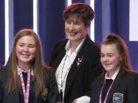Ciara and Saoirse Murphy with Minister for Education Norma Foley after the Presentation student were named Overall Group Runners Up in the BT Young Scientist and Technology Exhibition on Friday evening.