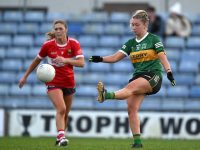 5 February 2024; Niamh Ní Chonchúir of Kerry in action against Shauna Cronin of Cork during the 2024 Lidl Ladies National Football League Division 1 Round 3 match between Kerry and Cork at Austin Stack Park in Tralee, Kerry. Photo by Brendan Moran/Sportsfile *** NO REPRODUCTION FEE ***