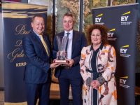 Thomas Fitzmaurice, CEO TLI receiving the Business Leader of the Year 2024 award from Ronan Murray of EY. Also pictured is Brid McElligott, Chair of Kerry Innovation Centre. Photo by Domnick Walsh