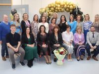 Annette Dineen (seated centre) with staff members at a ceremony to mark her retirement from Listellick NS on Thursday. Front from left; Micheál O'Sullivan, Paula Sweeney, Carol Benner, Annette Dineen, Ashley Reynolds, Rena Ruane and Micheál Ó Dubhghaill. Middle from left; Pat Fitzgerald, Siobhan Goodwin, Susan Wrenn, Karen O'Driscoll, Noreen Crowley, Sinead Dwyer, Marie Dineen, Anna Flynn, Caitriona Moore, Rachel Donnellan and Niamh Carmody. At back; Susan Daly and Catherine Sexton. Photo by Dermot Crean