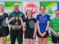 Division 2 ladies winners and runners up (Left to right) Sam Hayes, Tom Bourke (Kerry Badminton Chairperson) Michelle Beazley, Helen Browne & Jennifer Keane)