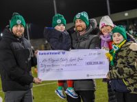 Kerry FC Sporting Director Billy Dennehy presenting a cheque for over €39,000 to the Fitzgerald family before Friday night's game against Treaty United in Mounthawk Park. Photo by Adam Kowalczyk