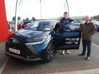 Kerry footballer Diarmuid O’Connor receives the keys to his new Toyota from Tim Kelliher of Kelliher’s Toyota on Friday.