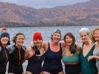 A Dip at Dawn...brave souls, Shirley McGough, from left,  Stella Maloney, Marian O'Connell, Susan Pierce, Beliza Griffin, Mary C Kelly, Mare Dennehy, enjoying the Wander Wild Sunrise Dip at Dundag in Killarney National Park as part of the Wander Wild Festival. The adventure and wellness festival, sponsored by Nature Valley, continues until Sunday evening. Photo: Valerie O'Sullivan/FREE PICS /Issued 23/03/2024