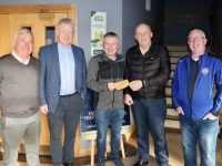 Kerins O'Rahillys Club Chairman Oliver Molloy presents the US Masters Challenge winnings to former Chairman Sean Kissane on Wednesday. Also pictured is Ogie Moran, Sean Walsh and Pat Flavin. Photo by Dermot Crean