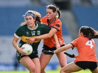7 April 2024; Emma Dineen of Kerry in action against Dearbhla Coleman and Róisín Mulligan of Armagh during the Lidl LGFA National League Division 1 final match between Armagh and Kerry at Croke Park in Dublin. Photo by Piaras Ó Mídheach/Sportsfile *** NO REPRODUCTION FEE ***