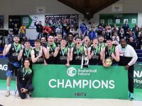 REPRO FREE ***PRESS RELEASE NO REPRODUCTION FEE*** EDITORIAL USE ONLY
Basketball Ireland Development League Men's Final, National Basketball Arena, Dublin 14/4/2024
Tralee Warriors vs Carrick Cruisers
Tralee Warriors players celebrate with the cup
Mandatory Credit ©INPHO/Bryan Keane