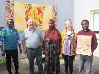 Looking forward to Africa Day in the Town Park on May 26 were Deo Takatumuna, Sean Lyons of TIRC, Fatima Mahamed, Mary Carroll of TIRC and Fr Amos. Photo by Dermot Crean