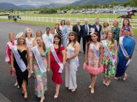Chairman of Killarney Racecourse Billy O'Sullivan, and race director, Terence Mulcahy meeting a selection of the Rose of Tralee Kerry Rose Entrants 2024, at The Killarney Races May Festival, on Sunday afternoon, in Killarney. Photo: Valerie O'Sullivan/FREE PIC/Issued 12/05/2024