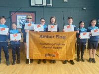 Pupils with the Amber Flag at O'Brennan NS.