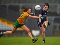 9 June 2024; Anna Galvin of Kerry is tackled by Caoimhe Keon of Donegal during the TG4 All-Ireland Ladies Football Senior Championship Round 1 match between Donegal and Kerry at MacCumhaill Park in Ballybofey, Donegal. Photo by Ben McShane/Sportsfile *** NO REPRODUCTION FEE ***