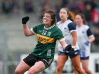 15 June 2024; Hannah O'Donoghue of Kerry celebrates after scoring her side's first goal during the TG4 All-Ireland Ladies Football Senior Championship Round 2 match between Kerry and Waterford at Fitzgerald Stadium in Killarney, Kerry. Photo by Michael P Ryan/Sportsfile *** NO REPRODUCTION FEE ***
