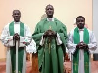 The Bishop of the Kitale Diocese in Kenya, Henry Juma Odonya, with Fr Vitalis and Fr Amos at St Brendan's Church Curraheen on Saturday evening.