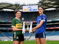 23 July 2024; In attendance at a Croke Park photocall ahead of the 2024 ZuCar All-Ireland U18 Ladies Football Finals is Kerry captain Éabha Ní Laighin with Cavan captain Ellie Brady during the ZuCar All-Ireland U18 Ladies Football Championship Finals Captains Day at Croke Park in Dublin. Photo by Matt Browne/Sportsfile *** NO REPRODUCTION FEE ***