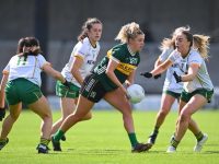 6 July 2024; Niamh Ní Chonchúir of Kerry in action against Meath players, from left, Kerrie Cole, Marion Farrelly and Aoibhín Cleary during the TG4 All-Ireland Ladies Football Senior Championship quarter-final match between Kerry and Meath at Austin Stack Park in Tralee, Kerry. Photo by Tyler Miller/Sportsfile *** NO REPRODUCTION FEE ***