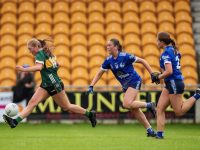 27 July 2024; Leah McMahon of Kerry in action against Katie Mai Reilly of Cavan during the ZuCar All-Ireland Ladies Football U-18 Championship A final match between Cavan and Kerry at O’Connor Park in Tullamore, Offaly. Photo by Michael P Ryan/Sportsfile *** NO REPRODUCTION FEE ***