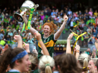 ouise Ní Mhuircheartaigh of Kerry with the Brendan Martin cup after the TG4 All-Ireland Ladies Football Senior Championship final match between Galway and Kerry at Croke Park, Dublin. Photo by Ray McManus/Sportsfile